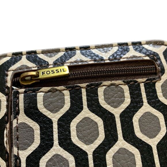 VTG Fossil Geometric Leather Bi-fold Wallet Snap & Up Zip Coin Card Slots White - Picture 6 of 16